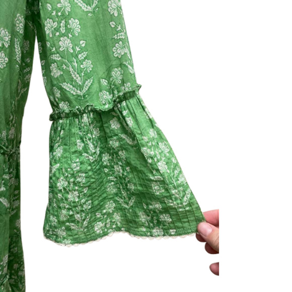 Juliet Dunn London Green White Floral Tiered Bell Sleeve Tunic Dress Sz 1 S/M - Picture 5 of 11